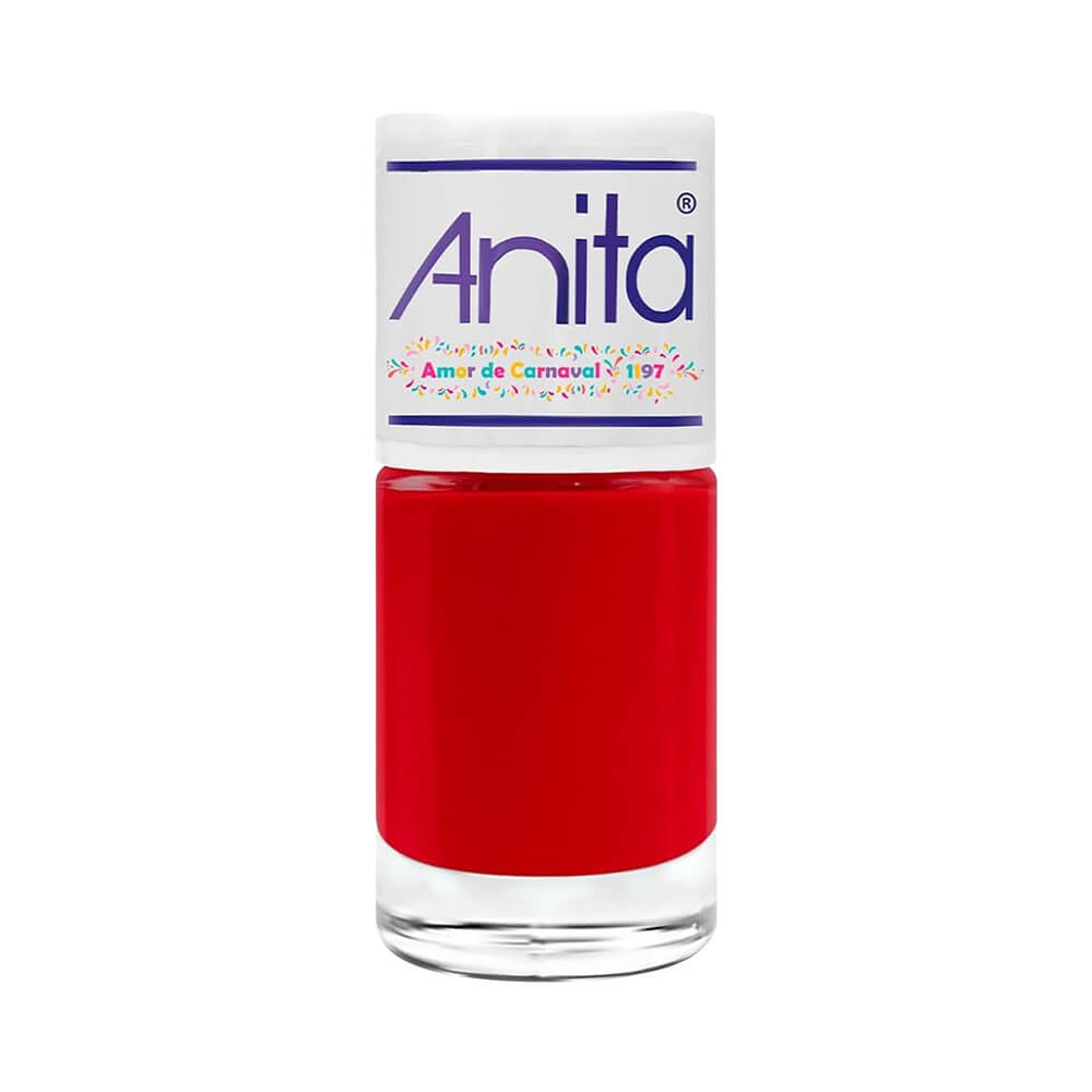 Frasco de esmalte Anita Amor de Carnaval com esmalte vermelho cremoso e tampa branca
